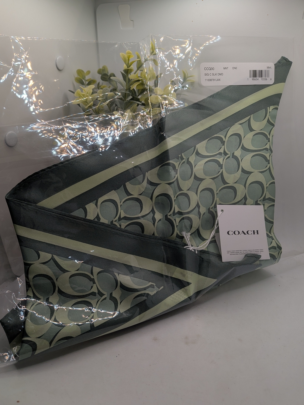 COACH Mint Green Signature Print Diamond Silk Scarf